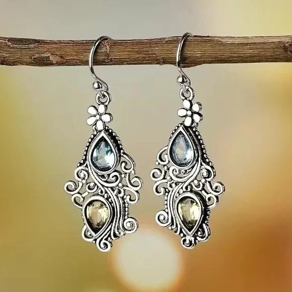 Vintage Silver Floral Gemstone Dangle Boho Earrings Nwt - Picture 1 of 5